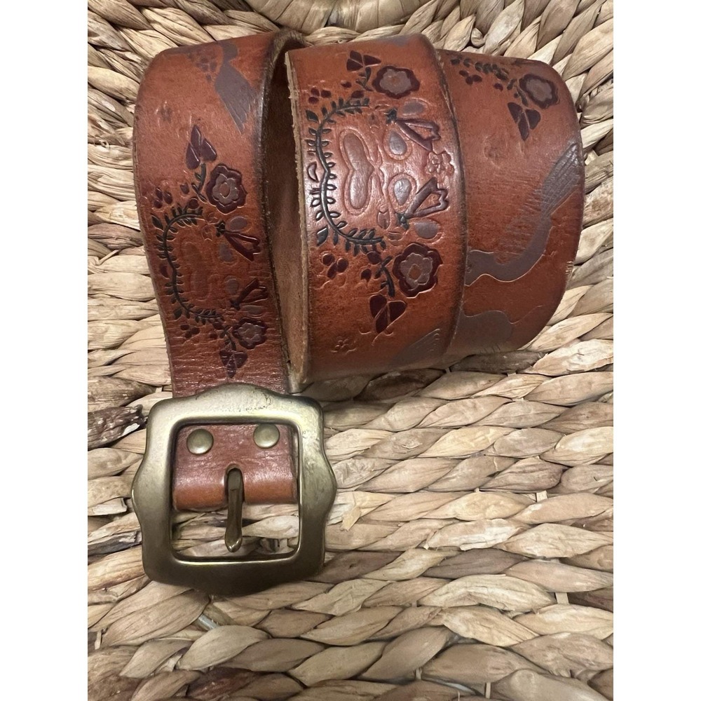 Lucky Brand Genuine Leather Embossed Floral/birds Western Belt Size 32" Vintage